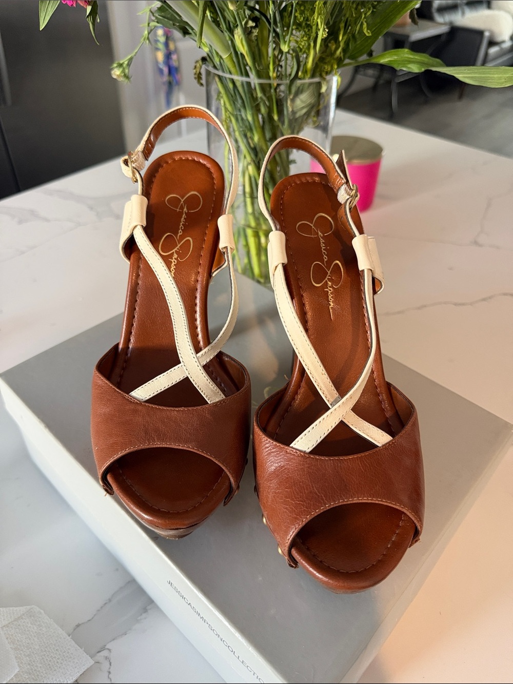 Jessica Simpson Brown and Cream Leather Cross-Strap Wedge Sandals
